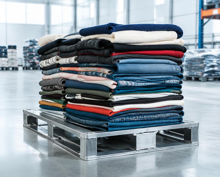 Neatly folded stack of Grade A second-hand clothing on a steel pallet
